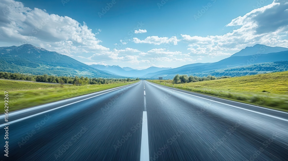 Fototapeta premium Car driving on highway, motion blur, mountains in the distance, clear skies, long road trip ahead, exciting travel vibes