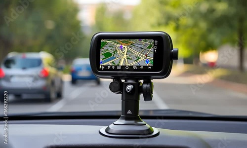 A GPS navigation device mounted on a car's dashboard, showing a map.