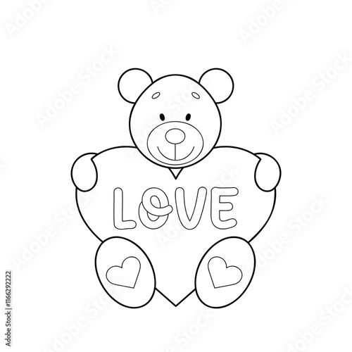 Valentine s day coloring page, teddy bear holding a heart coloring book, vector illustration