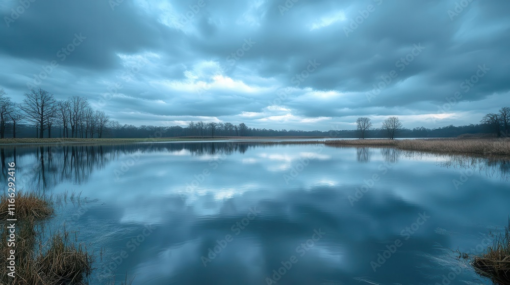 Cloudy sky over a tranquil lake, reflections of the clouds in the still water, moody and peaceful, nature at its calmest Cloudy sky over a tranquil lake, reflections of the clouds in the still water, moody and peaceful, nature at its calmest