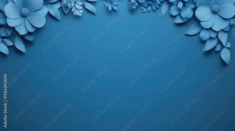 Blue Floral Background with Three-Dimensional Flowers and Leaves Perfect for Design or Decoration Projects Blue Floral Background with Three-Dimensional Flowers and Leaves Perfect for Design or Decoration Projects