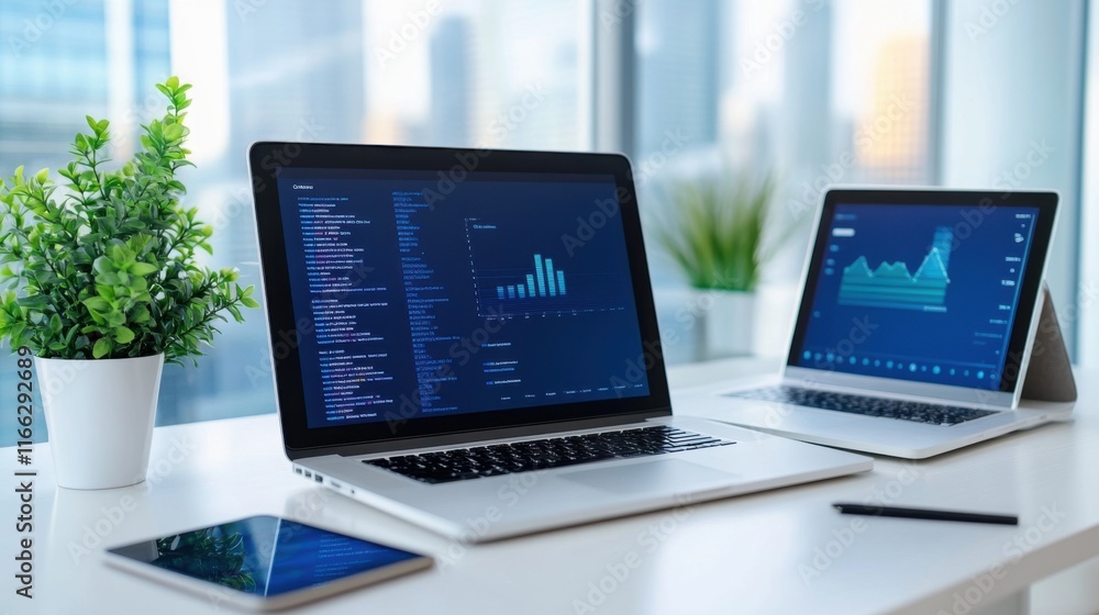 Modern Office Workspace with Laptops, Tablet, Plant, and Data Visualization Graphs in Bright City Environment Modern Office Workspace with Laptops, Tablet, Plant, and Data Visualization Graphs in Bright City Environment