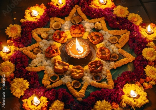 Vibrant Diwali Celebration with Floral Rangoli Design and Lit Diyas Representing Light, Happiness, and Festivals of India with Candles and Colorful Flowers photo