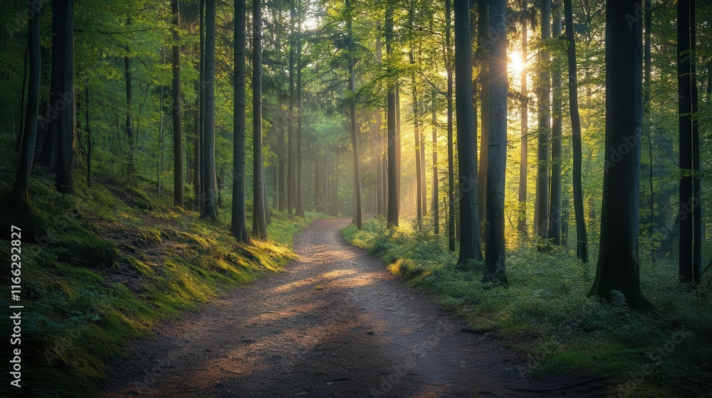 Fototapeta premium Forest trail winding through tall trees, sunlight filtering through the canopy, peaceful and serene atmosphere, perfect for hiking