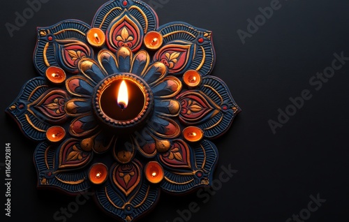 Vibrant Diwali diya with colorful decorative rangoli design surrounded by flickering lights on a dark background, symbolizing joy and celebration of Indian festivals. photo