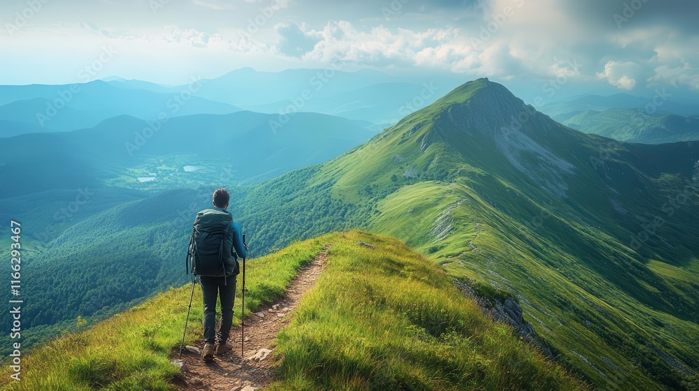 Mountain hiking, rugged trail leading to the peak, lush greenery and distant valleys, hiker with backpack, crisp morning air Mountain hiking, rugged trail leading to the peak, lush greenery and distant valleys, hiker with backpack, crisp morning air