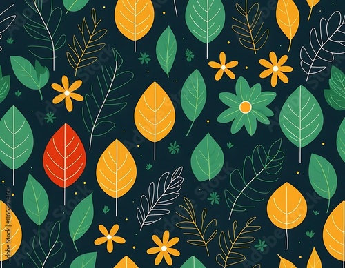 Colorful Leaves Flowers Seamless Pattern Design photo