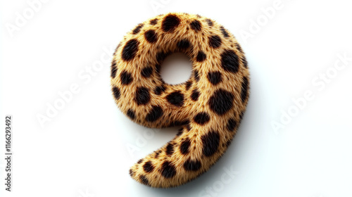 The number 9 is covered in furry leopard print and set against a white background. Concept of creativity and design. For wild-themed decor. photo