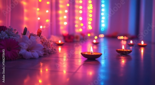 Vibrant Festival Scene with Colorful Lights and Traditional Diyas Illuminating a Serene Pathway Surrounded by Fresh Flowers for Celebration and Spirituality photo