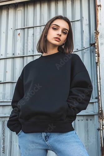 Stylish Young Woman Posing in Black Sweatshirt Against Metal Wall photo