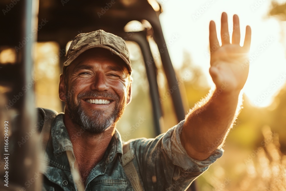 Smiling hunter waves cheerfully amidst a golden sunset in the serene wilderness landscape Smiling hunter waves cheerfully amidst a golden sunset in the serene wilderness landscape
