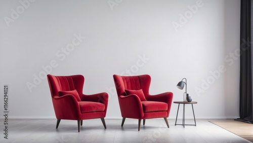 interior house with simple white background mock up, red armchair, modern empty space concept