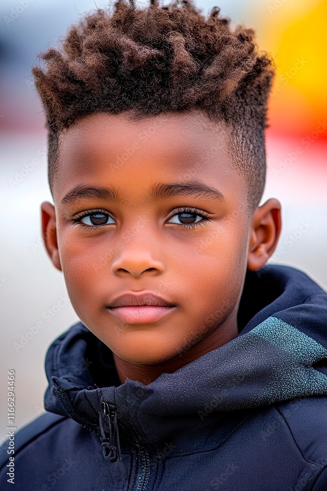 Young boy looking confidently at the camera, showcasing his unique hairstyle and expressive eyes in a casual outdoor setting during daylight Young boy looking confidently at the camera, showcasing his unique hairstyle and expressive eyes in a casual outdoor setting during daylight