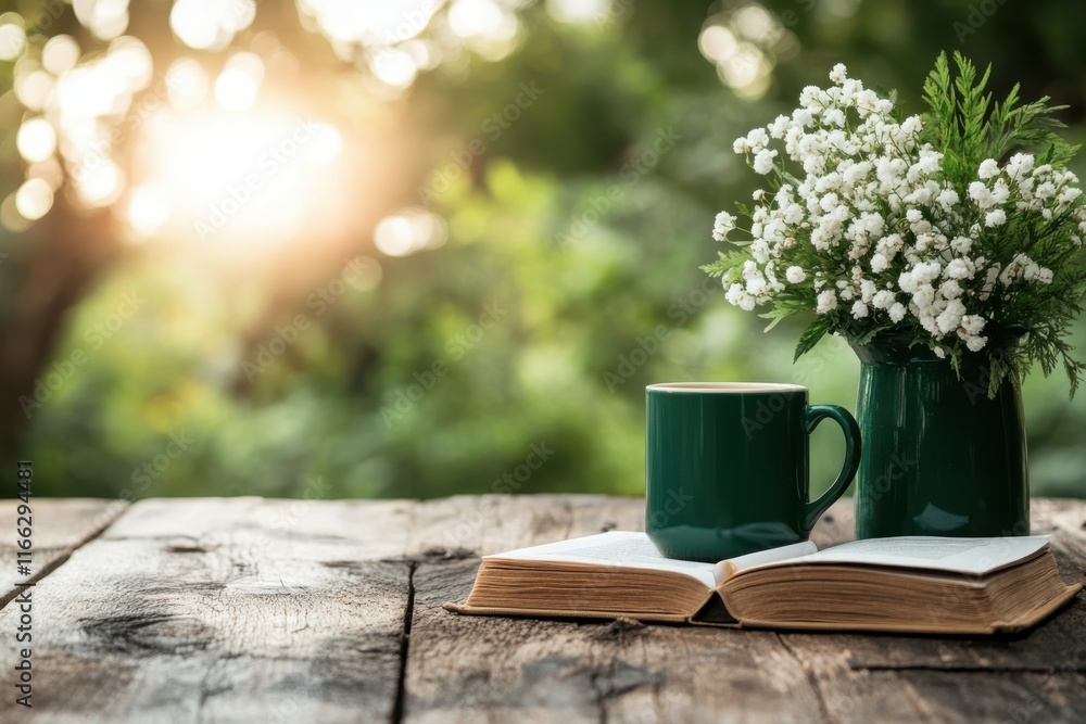 Relaxing morning with a book and coffee surrounded by nature’s beauty Relaxing morning with a book and coffee surrounded by nature’s beauty