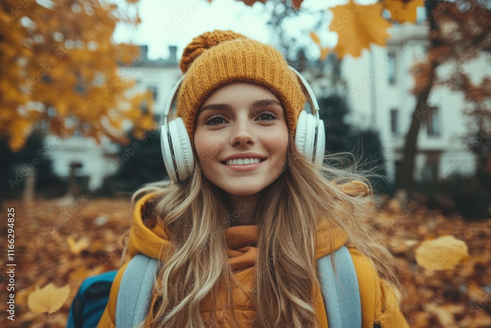 Joyful young woman enjoying autumn vibes with headphones in a park filled with fallen leaves Joyful young woman enjoying autumn vibes with headphones in a park filled with fallen leaves