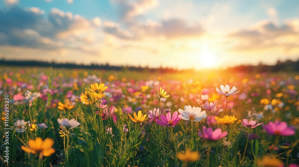 Obraz premium Wildflowers blooming in an open meadow, colorful petals, bright sunlight, natural and untouched field, vibrant and lively nature