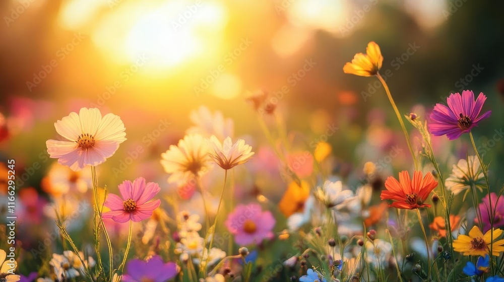 Wildflowers blooming in an open meadow, colorful petals, bright sunlight, natural and untouched field, vibrant and lively nature Wildflowers blooming in an open meadow, colorful petals, bright sunlight, natural and untouched field, vibrant and lively nature