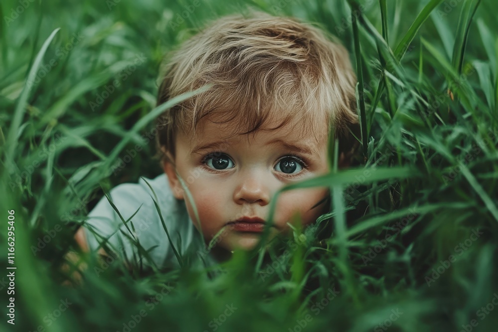 Child exploring the wonders of nature while peeking through lush green grass on a bright sunny day Child exploring the wonders of nature while peeking through lush green grass on a bright sunny day