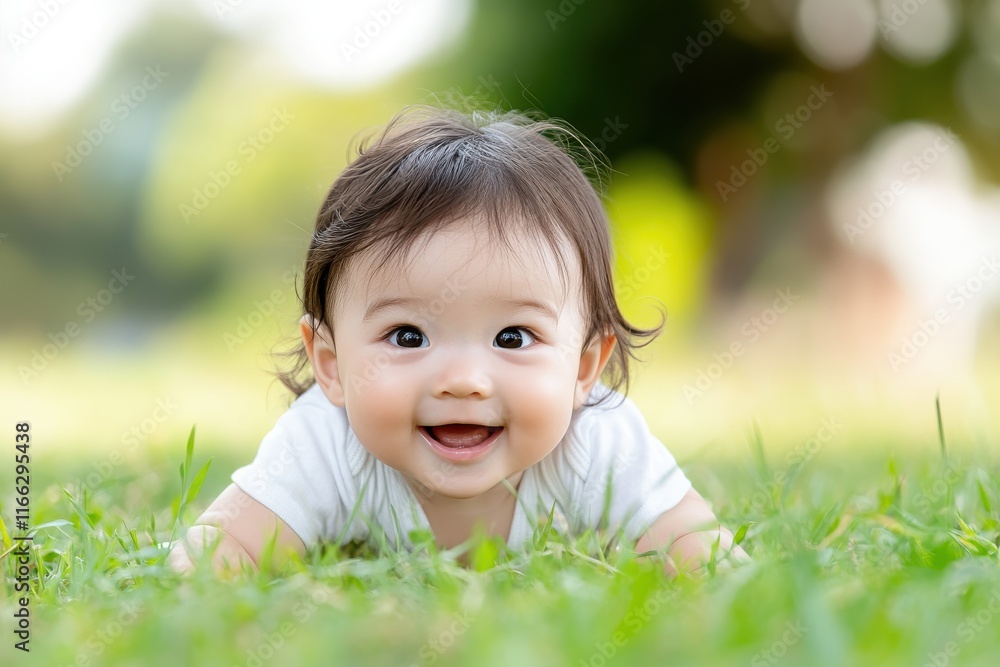 Joyful baby explores the grassy outdoors with a contagious smile on a sunny day Joyful baby explores the grassy outdoors with a contagious smile on a sunny day