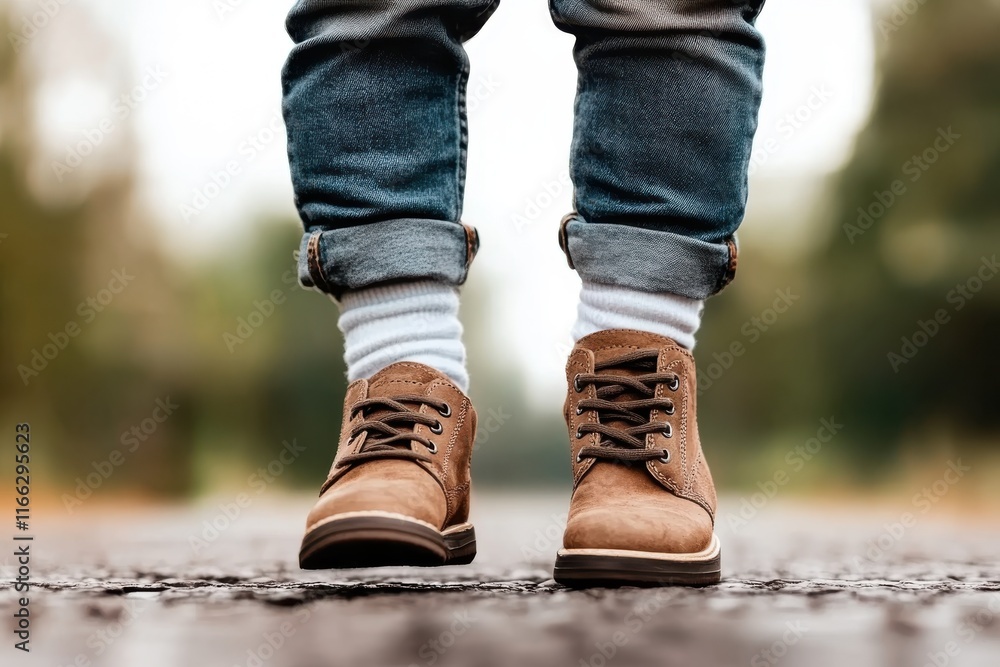 Little feet exploring the open path on a sunny day with brown shoes and rolled-up jeans Little feet exploring the open path on a sunny day with brown shoes and rolled-up jeans