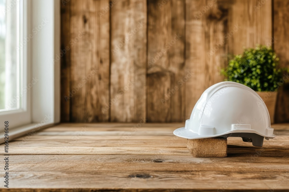 Safety helmet resting on a block on a rustic wooden table with a plant in the background and light streaming through a window Safety helmet resting on a block on a rustic wooden table with a plant in the background and light streaming through a window
