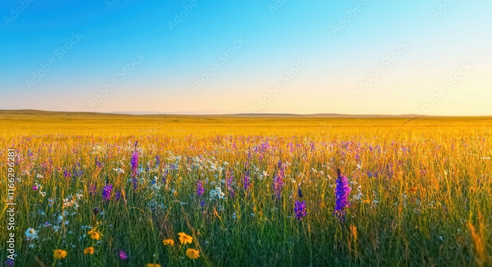 Fototapeta premium Flowering Grassland in the Savanna with a Clear Sky.