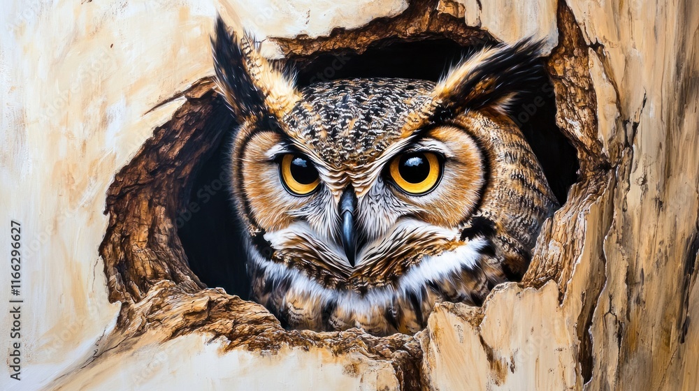 Owl in Tree Hollow: A captivating close-up of an owl peering from its tree hollow nest, showcasing its striking yellow eyes and intricate feather patterns. Owl in Tree Hollow: A captivating close-up of an owl peering from its tree hollow nest, showcasing its striking yellow eyes and intricate feather patterns.