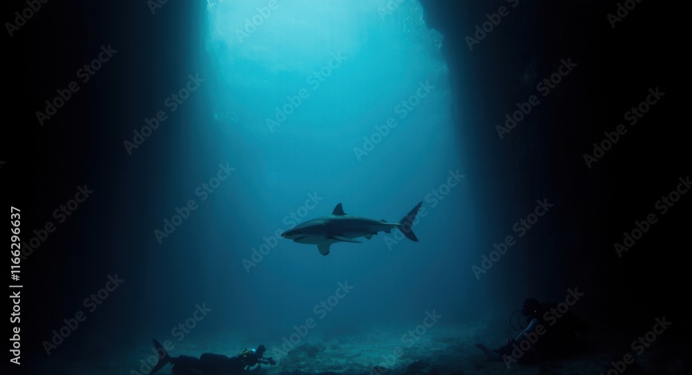 Fototapeta premium Diver Facing a Great White Shark in the Deep Ocean.