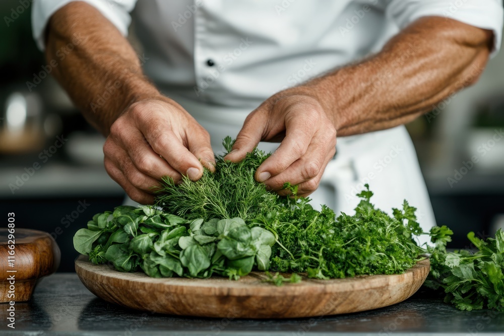 Hands expertly preparing fresh herbs in a cozy culinary kitchen environment during the afternoon Hands expertly preparing fresh herbs in a cozy culinary kitchen environment during the afternoon
