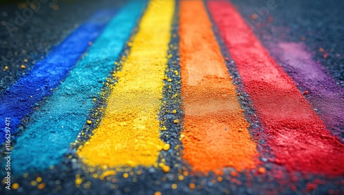 Vibrant Horizontal Stripes of Colorful Powder Pigments on a Textured Surface, Creating a Beautiful Rainbow Pattern for Artistic Background