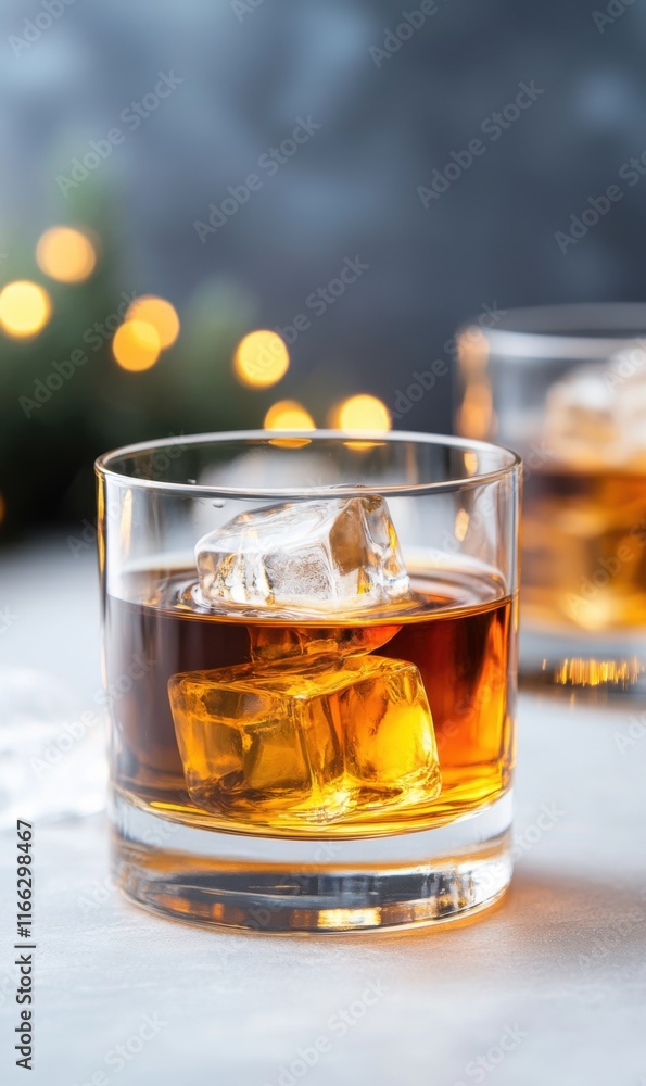 Classic Whiskey Glass with Ice Cubes and Festive Bokeh Background for Elegant Beverage Photography Classic Whiskey Glass with Ice Cubes and Festive Bokeh Background for Elegant Beverage Photography