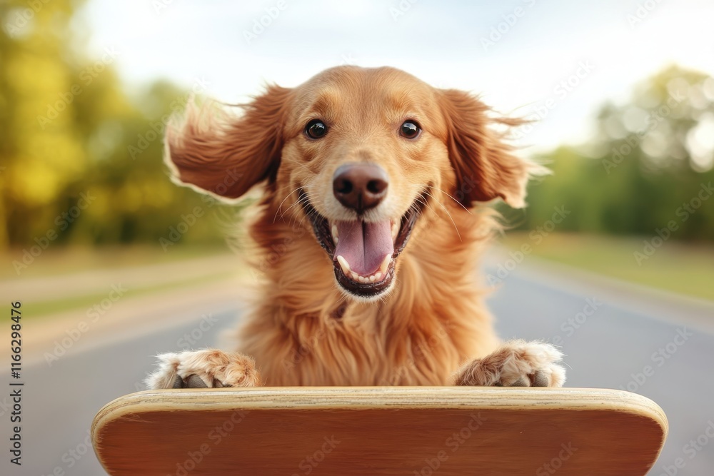 Joyful golden retriever gleefully riding on a skateboard through a sunlit park pathway Joyful golden retriever gleefully riding on a skateboard through a sunlit park pathway
