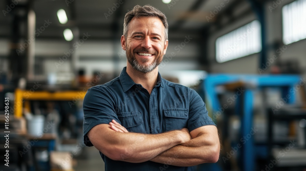 Smiling man with crossed arms in a modern workshop showcasing confidence and professionalism in a work setting Smiling man with crossed arms in a modern workshop showcasing confidence and professionalism in a work setting