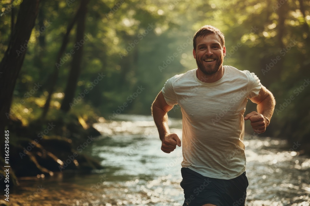 Joyful runner sprints through a sunlit forest stream, embracing the rhythm of nature and movement Joyful runner sprints through a sunlit forest stream, embracing the rhythm of nature and movement