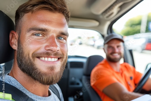 Smiling friends enjoying a sunny road trip while driving through a lively urban setting