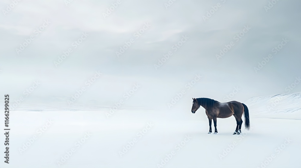 Lone Horse Stands in a Snowy Icelandic Landscape Lone Horse Stands in a Snowy Icelandic Landscape