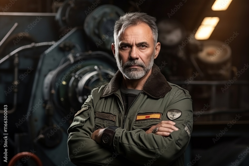 Portrait of a confident mature man standing with arms crossed in a factory Portrait of a confident mature man standing with arms crossed in a factory