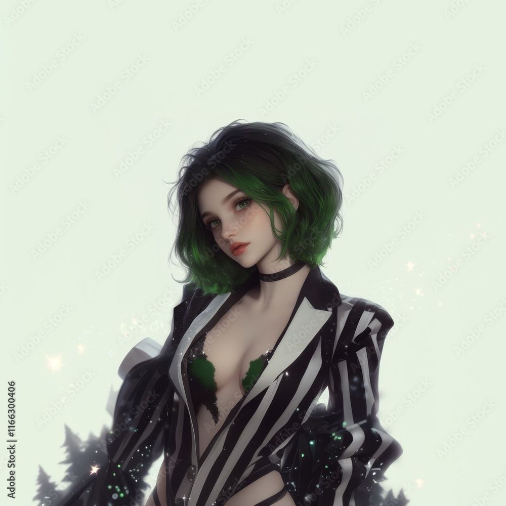 GreenHaired Woman in Stylish Black and White Suit GreenHaired Woman in Stylish Black and White Suit
