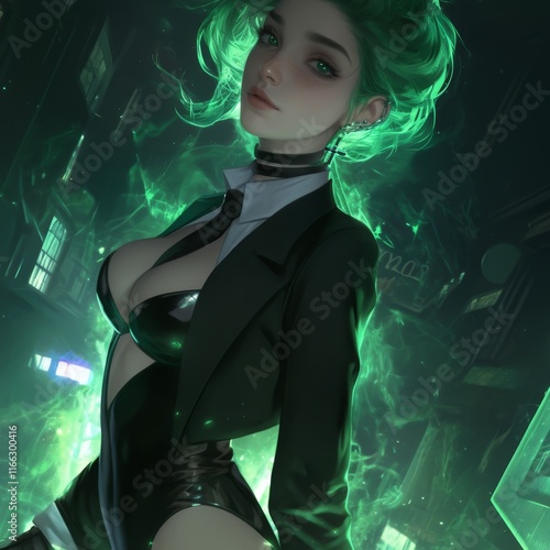 Greenhaired Woman in Suit, Urban Night Scene photo