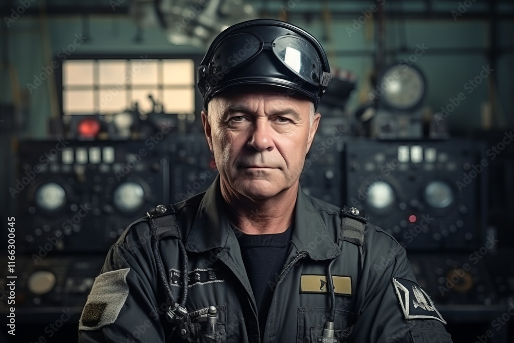 Portrait of a mature pilot standing in a ship's engine room Portrait of a mature pilot standing in a ship's engine room
