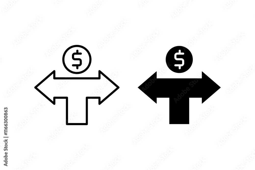 Financial decisions: arrows showing different directions. Choose the right solution. Line and glyp style icons. Editable vector illustration. Financial decisions: arrows showing different directions. Choose the right solution. Line and glyp style icons. Editable vector illustration.