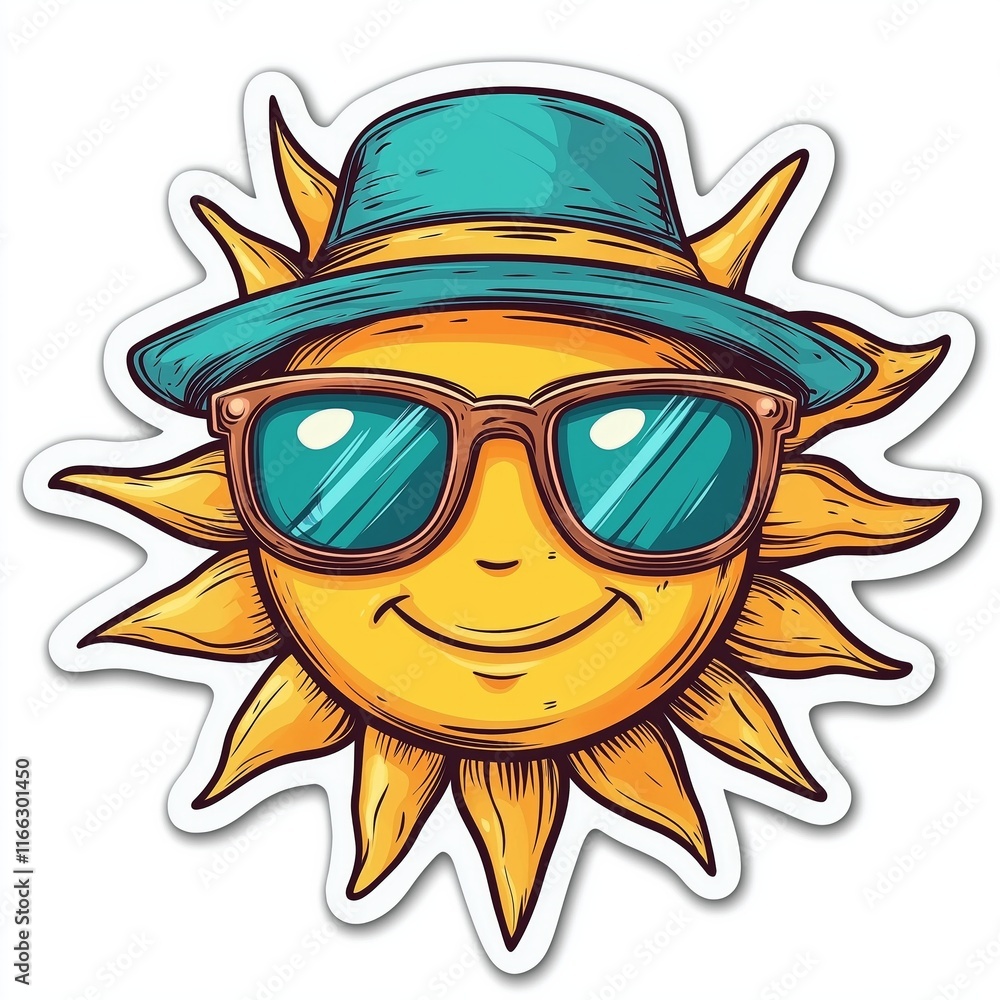 Naklejka premium Summer Sun Cartoon Illustration Wearing Hat and Sunglasses: A Vibrant and Cheerful Design