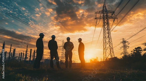Silhouetted figures of four engineers in hard hats converse at sunset against a backdrop of towering electricity pylons and an industrial power plant.