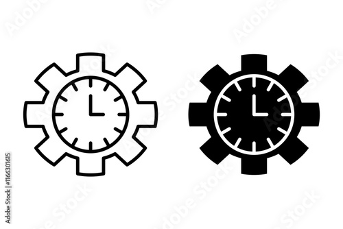 process icon, with line style and black fill.Clock gears, one filled and one outlined. Perfect for illustrating teamwork, collaboration, and intricate processes in business concepts.