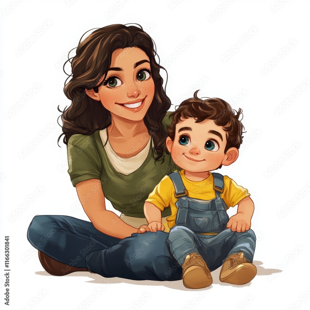 Loving Mother and Child Embrace Illustrated Portrait Loving Mother and Child Embrace Illustrated Portrait
