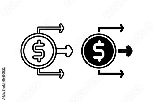 financial icon, with line style and black fill.  dollar coins with arrows showcasing money flow. Perfect for financial concepts and presentations about wealth distribution.