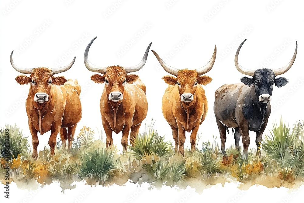 A watercolor illustration of four cows standing in a grassy field.