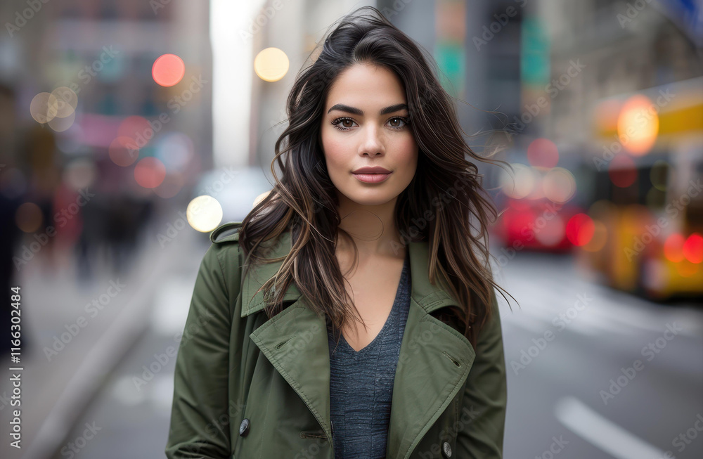 Stylish female model strolls through the city in a chic green trench coat, perfect for winter fashion inspiration. Stylish female model strolls through the city in a chic green trench coat, perfect for winter fashion inspiration.