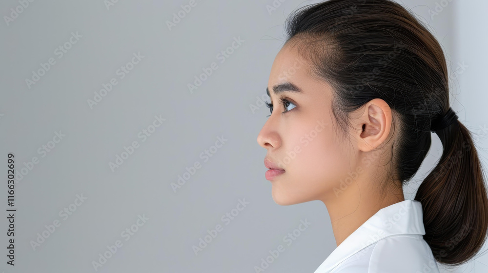 A stunning young Asian woman poses gracefully against a gray backdrop, showcasing her natural beauty and elegance. A stunning young Asian woman poses gracefully against a gray backdrop, showcasing her natural beauty and elegance.