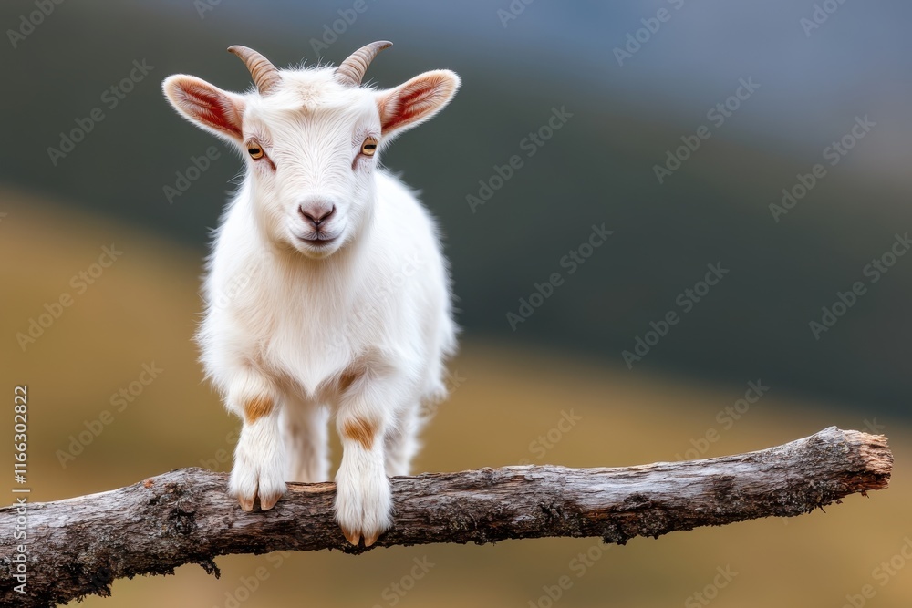 Cute white goat standing on a fallen log in the serene wilderness during golden hour Cute white goat standing on a fallen log in the serene wilderness during golden hour